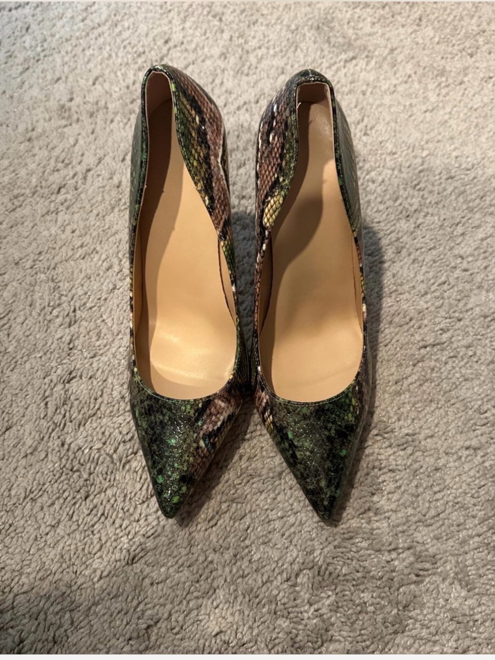 Pointed Toe Snake-Print Pumps in Green and Brown
